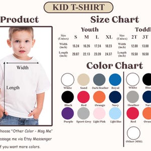 以下が含まれることがあります： 白のKid Tシャツ製品の画像で、サイズとカラーチャートが付いています。サイズチャートには、ユースと幼児のサイズについてインチ単位の測定値が含まれています。カラーチャートには、白、黒、ピンクなど、さまざまな色のオプションが表示されます。