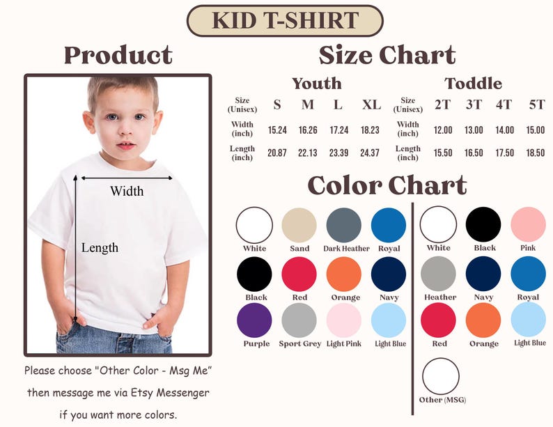 以下が含まれることがあります： 白のKid Tシャツ製品の画像で、サイズとカラーチャートが付いています。サイズチャートには、ユースと幼児のサイズについてインチ単位の測定値が含まれています。カラーチャートには、白、黒、ピンクなど、さまざまな色のオプションが表示されます。