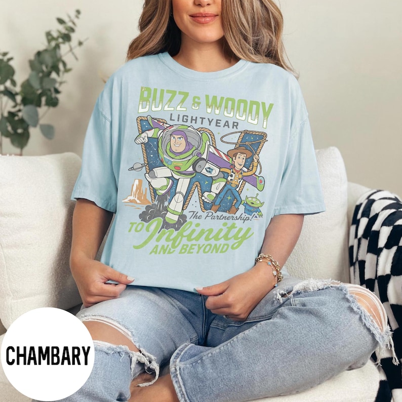 Retro Buzz And Woody Lightyear Shirt, To Infinity And Beyond Shirt, Toy Story Shirt, Disney Pixar Shirt, Disneyland Family Trip 2026 Tees Chambray/LightBlue
