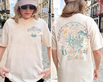 レトロな両面ディズニーユニバーサルスタジオシャツ、ユニバーサルスタジオシャツ、ディズニーワールドシャツ、ディズニー旅行シャツ、ディズニーファミリーバケーションシャツ