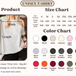 以下が含まれることがあります： サイズとカラーチャート付きのユニセックスTシャツ。サイズチャートは、幅45.7〜81.2cm、長さ73.7〜88.9cmを示しています。カラーチャートには、白、黒、砂、ナチュラル、ライトピンク、ライトブルーが含まれています。