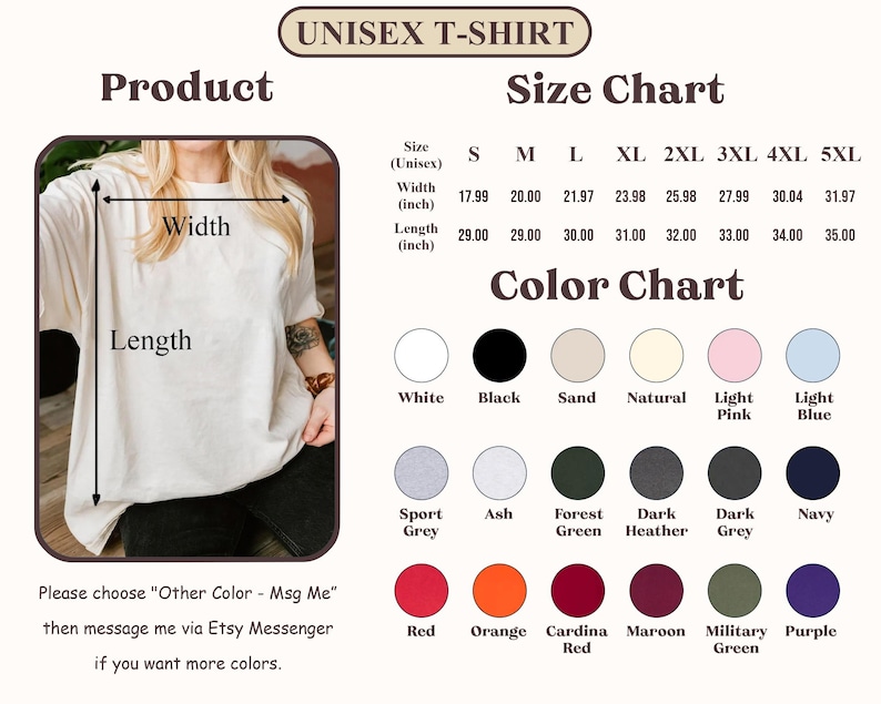以下が含まれることがあります： サイズとカラーチャート付きのユニセックスTシャツ。サイズチャートは、幅45.7〜81.2cm、長さ73.7〜88.9cmを示しています。カラーチャートには、白、黒、砂、ナチュラル、ライトピンク、ライトブルーが含まれています。