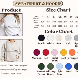 以下が含まれることがあります： スウェットシャツとパーカーのサイズとカラーチャートが掲載された商品画像。サイズチャートには、Sから5XLまでのサイズのインチ単位の測定値が記載されています。カラーチャートには、黒、白、マルーン、ネイビーなどのオプションが含まれています。