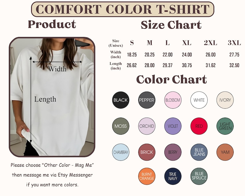 以下が含まれることがあります： Comfort Color Tシャツ製品の画像。サイズとカラーチャート付き。サイズチャートには、Sから3XLまでのサイズのインチ単位の測定値が含まれています。カラーチャートには、黒、白、赤など、さまざまな色が表示されています。
