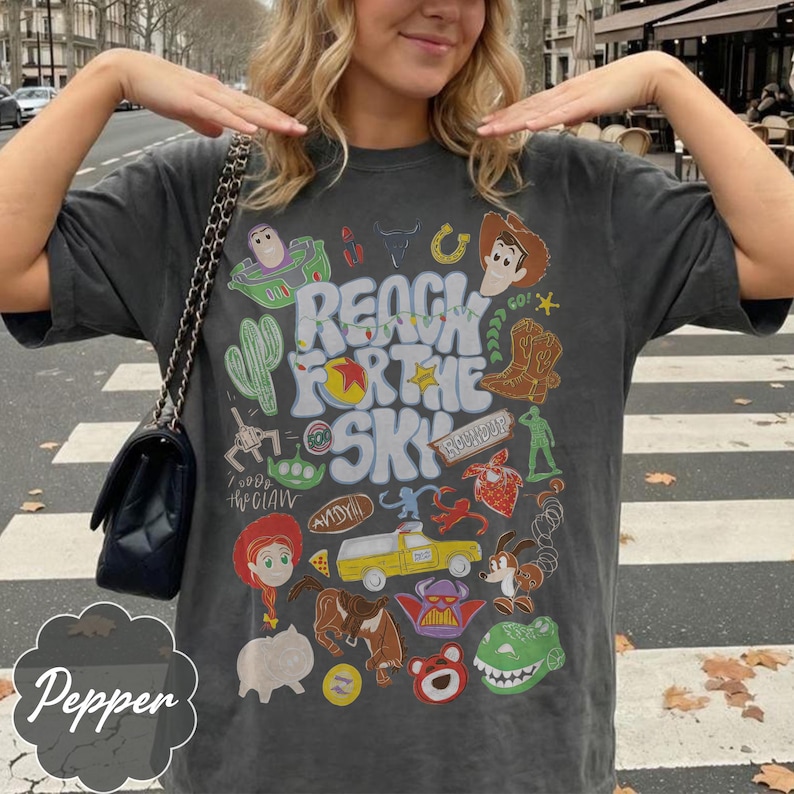Pode incluir: Camiseta cinza escuro com um gr&aacute;fico colorido com personagens e texto do filme "Toy Story". O design inclui a frase "Reach for the Sky" e v&aacute;rias ilustra&ccedil;&otilde;es de desenhos animados.
