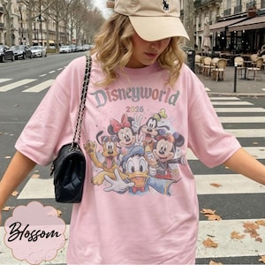 Pu&ograve; includere: T-shirt rosa chiaro con grafica Disneyworld 2026 con Topolino, Minnie, Paperino, Pippo e Pluto. La maglietta ha maniche corte e girocollo. &Egrave; visibile una borsa nera con tracolla a catena.