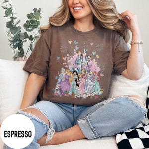 May include: Espresso-colored t-shirt featuring a colorful graphic of Disney princesses in front of a castle. The design includes fireworks, butterflies, and floral elements. The shirt is a relaxed fit.