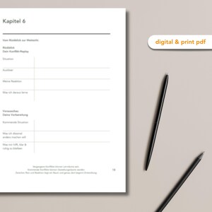 May include: A white paper with German text and a black pen and pencil. The paper has a title that says "Kapitel 6" and the text "digital & print pdf". The pens are black and are on a beige surface.