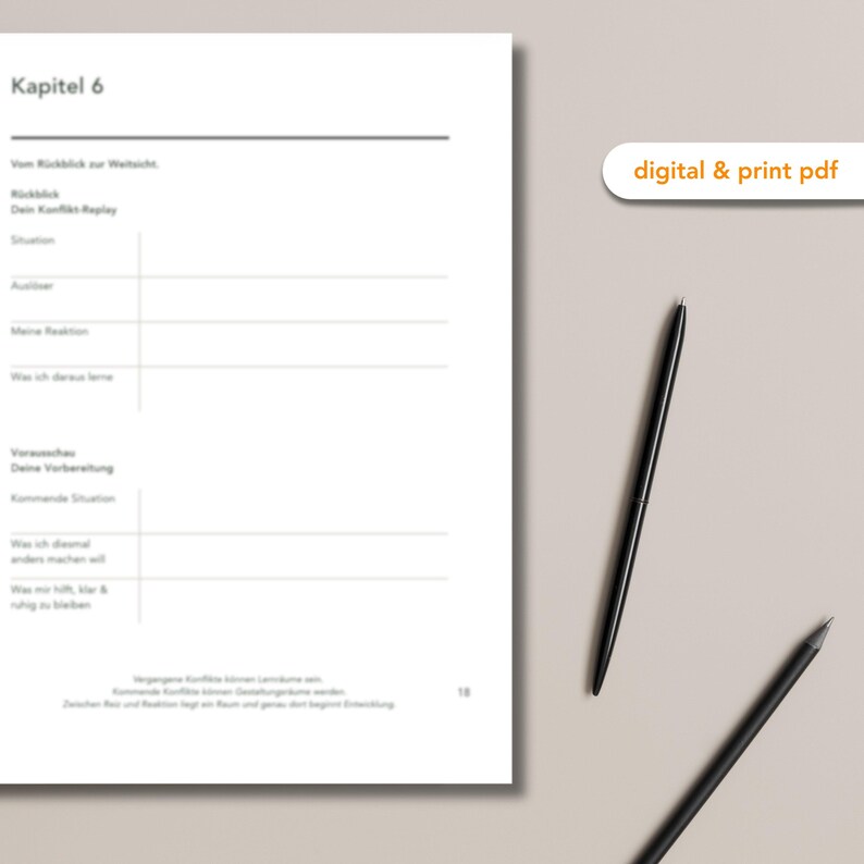 May include: A white paper with German text and a black pen and pencil. The paper has a title that says "Kapitel 6" and the text "digital & print pdf". The pens are black and are on a beige surface.