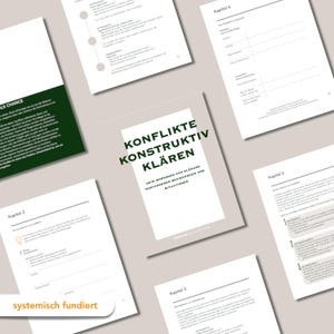 May include: A collection of printed worksheets and a book cover with the title "KONFLIKTE KONSTRUKTIV KL&Auml;REN" in green and black text. The worksheets have text and diagrams. The background is a light beige color.