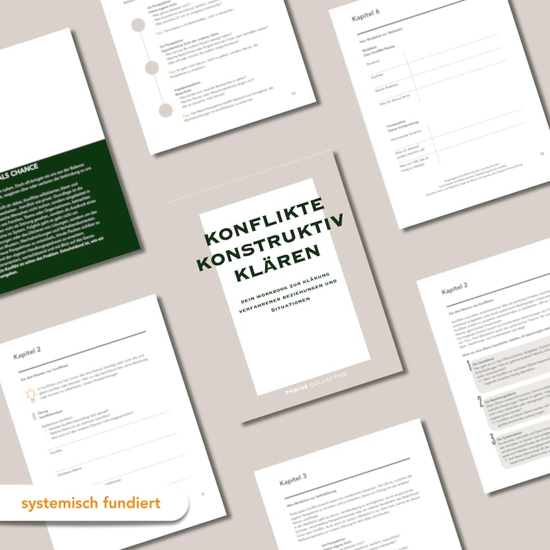 May include: A collection of printed worksheets and a book cover with the title "KONFLIKTE KONSTRUKTIV KL&Auml;REN" in green and black text. The worksheets have text and diagrams. The background is a light beige color.