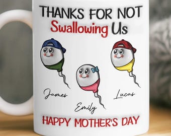 Personalized Thanks For Not Swallowing Us Mug, Funny Custom 3D Inflated Effect Kid Name Mug, Funny Mom Mug From Son Daughter