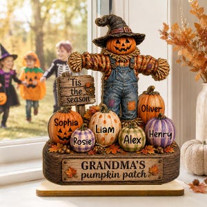 May include: A decorative tabletop figurine featuring a central pumpkin-headed scarecrow wearing a hat and blue overalls. Surrounding the base are several pumpkins personalized with the names Sophia, Rosie, Liam, Alex, Henry, and Oliver.
