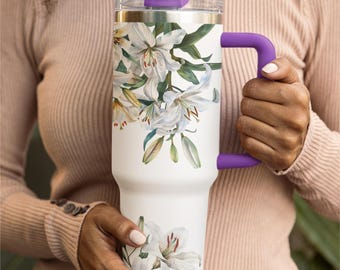 Floral 40oz Tumbler with Handle and Straw, Quencher-Style Insulated Cup, Keeps Drinks Hot or Cold for Hours