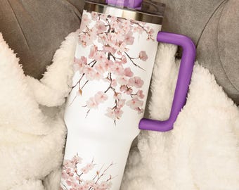 Cherry Blossom 40oz Tumbler with Handle, Holiday Gift for Her, Sakura Floral Dupe Cup, Insulated Mug with Straw Christmas Gift Ideas