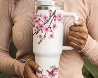 40oz Tumbler with Handle and Straw, Cherry Blossom Floral Print, Quencher-Style Insulated Cup, Keeps Drinks Hot or Cold