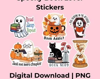May include: A collection of spooky-themed stickers for book lovers. The stickers feature ghosts, pumpkins, cats, and books. Text includes "Read Sleep Repeat", "Book Addict", "Still Reading in the Afterlife", "Just one more chapter", and "Book Nerd".