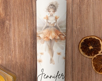 Personalized Fairy Tumbler with Birth Flower, Custom Name Skinny Tumbler with Lid & Straw, Gift for Women, Girls, Birthday, Bridesmaid
