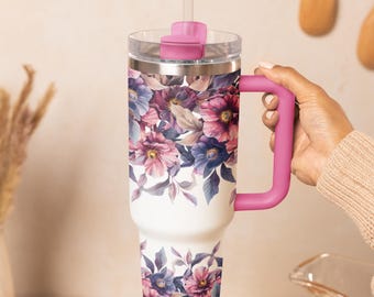 Pink Purple Floral Dupe Style Tumbler with Handle, 40oz Stainless Steel Mug with Straw, Christmas Gift for Her, Mom or Best Friend