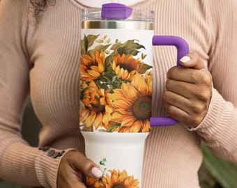 40oz Travel Tumbler with Handle & Straw, Cute Floral Print, Insulated Stainless Steel Cup, Maintains Hot And Cold Drinks