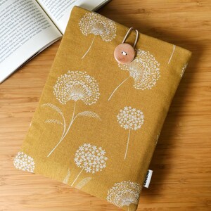 Dandelion floral book and kindle sleeve, handmade fabric case with wooden button, perfect gift for readers