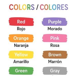May include: A colorful educational chart displaying the English and Spanish names for various colors. The chart features blocks of red, orange, yellow, green, blue, purple, pink, brown, gray, and black, with each color's name written in both languages.