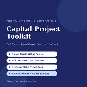 Kit de herramientas para proyectos de inversión en manufactura: estatuto, registro de riesgos, calculadora de retorno de la inversión y plantilla de informe de estado (Word, Excel, PowerPoint)