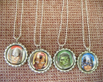 Set of Four Marvel Super Hero Inspired Bottle Cap Necklaces