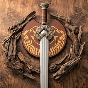 Puede incluir: Una espada plateada con empuñadura de cuero marrón y una guarda ornamentada de color bronce. La espada está montada sobre una placa circular marrón con dibujos de líneas doradas de dos cabezas de animales enfrentadas con cuernos.