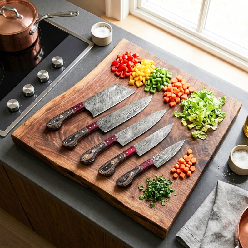 Puede incluir: Un juego de cinco cuchillos de cocina con hojas de acero de Damasco y mangos de madera oscura con detalles en rojo, dispuestos en diagonal sobre una gran tabla de cortar de madera junto a trozos de pimientos, zanahorias, lechuga y hierbas.