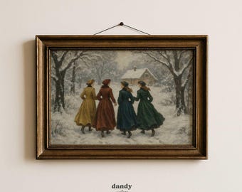 May include: A framed vintage print featuring four figures in long dresses walking in a snowy landscape. The figures are in shades of yellow, red, blue, and green. The print is in a gold-toned frame and is hanging on a white wall. The text "dandy vintage prints" is in the lower right corner.