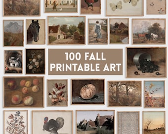 Pode incluir: Uma coleção de estampas de arte emolduradas em estilo vintage com tema de outono. As estampas apresentam vários temas, incluindo paisagens, animais e naturezas mortas. O texto "100 FALL PRINTABLE ART" é exibido no centro.