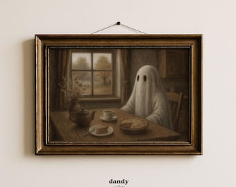 May include: Framed vintage print featuring a ghost sitting at a table set for tea and pie. The ghost is draped in a white sheet. The scene is set in a cozy room with a window overlooking a fall landscape. The frame is brown.
