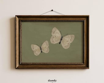 Vintage Butterfly Art Print: Green Cottage Wall Decor (Horizontal) (Digital Download)