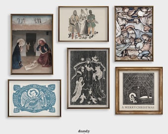 May include: A collection of framed vintage Christmas art prints. The prints feature religious scenes, including the Nativity, angels, and the Three Wise Men. The color palette includes blues, browns, and black and white illustrations.