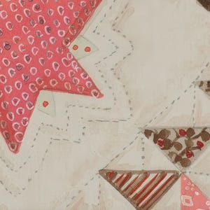 May include: Watercolor illustration of a quilt with a star and triangle pattern. The star is red with white circles, and the triangles feature floral and striped designs in red and brown. The background is off-white.
