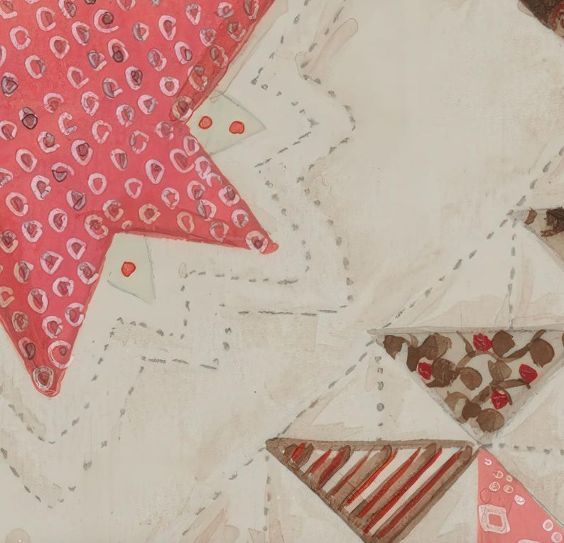 May include: Watercolor illustration of a quilt with a star and triangle pattern. The star is red with white circles, and the triangles feature floral and striped designs in red and brown. The background is off-white.