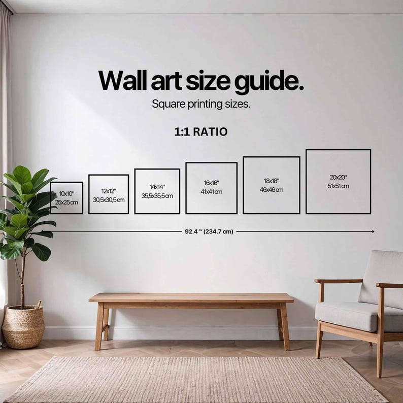 May include: Wall art size guide with square printing sizes. Displays six square frames with dimensions ranging from 10x10 inches to 20x20 inches. The guide includes measurements in both inches and centimeters.