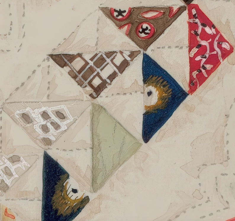 May include: Watercolor painting of a quilt pattern with triangular patches. The patches feature various designs, including geometric patterns, floral motifs, and abstract shapes. Colors include brown, red, blue, and green, set against a cream background.