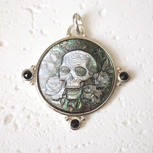 Memento Mori Skull Pendant OOAK Gothic Jewelry in Carved Mother of Pearl Rose Cut Topaz and Sterling Silver Handmade Dark Art Jewelry