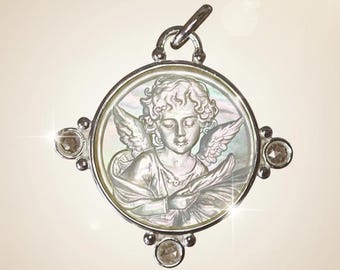 Angel Pendant Carved Mother of Pearl Cameo Floral Design Sterling Silver Bezel Handmade Jewelry with Rose Cut Topaz OOAK Necklace