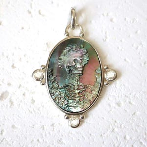 Memento Mori Skull Pendant OOAK Gothic Jewelry in Carved Mother of Pearl Rose Cut Topaz and Sterling Silver Handmade Dark Art Jewelry
