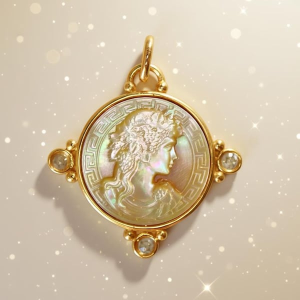 Dionysus Pendant Hand Carved Mother of Pearl Cameo Sterling Silver Rose Cut Topaz OOAK Greek Goddess  Necklace