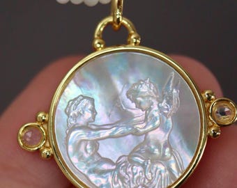 Cherub Pendant Carved Mother of Pearl Cameo Floral Design Sterling Silver Bezel Handmade Jewelry with Rose Cut Topaz OOAK Necklace 18K Gold