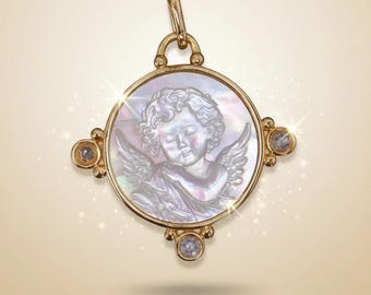 Cherub Pendant Carved Mother of Pearl Cameo Floral Design Sterling Silver Bezel Handmade Jewelry with Rose Cut Topaz OOAK Necklace