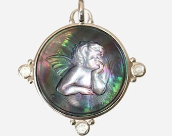 Cupid Pendant Carved Mother of Pearl Sterling Silver Romantic Gothic Jewelry with Rose Cut Topaz One of a Kind Necklace