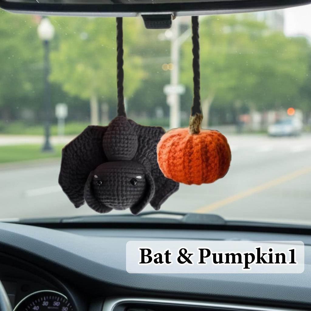 Crochet Halloween Car Charm, Finished Ghost and Pumpkin Rearview Mirror ...