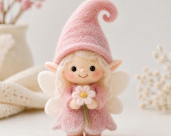 Adorno de muñeca de hada de fieltro hecho a mano / Gnomo elfo de fieltro de lana con flor / Decoración para el hogar caprichosa en tonos pastel, regalo coleccionable