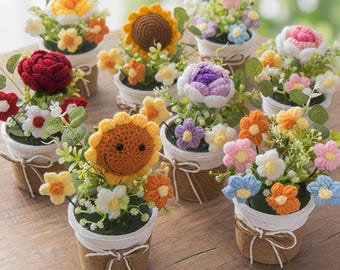 Handgemaakte gehaakte plantenpot, afgewerkte gehaakte bloemen, zonnebloem in pot met aangepast label, bureaudecor, eeuwigdurend boeket, Cottagecore-decor