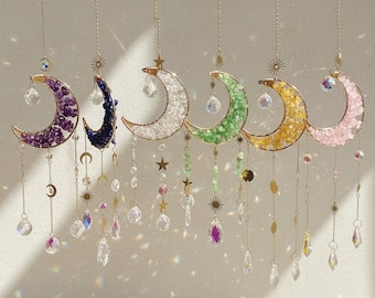 Atrapasueños de luna de cristal, colgante de ventana con forma de arcoíris, decoración de pared bohemia, prisma de luna creciente, regalo mágico de inauguración de la casa para ella.